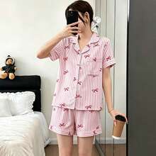Zazumi 2-Piece Pajama Set Short-Sleeved Shorts Striped Bow Print Casual Women's Home Wear Set - Pink - View 8