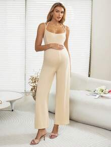 SHEIN 100% Cotton Nursing Jumpsuit,Halter Hidden Zipper Maternity Clothes For Pregnancy&Postpartum,Cinched Waist Wide Leg Pants,Summer,Casual,Everyday - Khaki - View 3