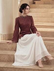 Anewsta Women's Solid Color Mandarin Collar Asymmetrical Rhinestone Embellished Flared Soft Elegant Dress - Burgundy - View 3