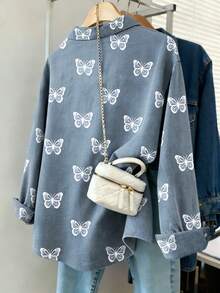 Resyla Camisa de mujer con efecto de mezclilla y estampado de mariposa retro - Multicolor - Ver 2