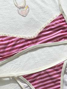 Swim Mod Women's Random Floral Print Spaghetti Strap Ruffled Bikini Set, Spring/Summer Elegant Sexy Beach Party Pink - Multicolor - View 5