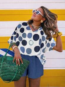 Breezaya 2026 女士夏季度假新款波点印花 V 领休闲短裤，宽松舒适 V 领七分袖上衣两件套 - 藍色 - 查看 7