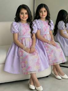 SHEIN Tween Girls Elegant Purple Beaded 3D Flower Embroidered Peter Pan Collar Short Sleeve Puffle Sleeve A-Line Princess Dress, Summer Dress, Party Dress, Tea Party Dress - Purple - View 1