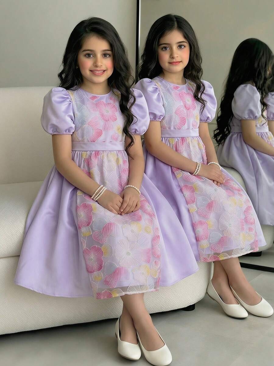 SHEIN Tween Girls Elegant Purple Beaded 3D Flower Embroidered Peter Pan Collar Short Sleeve Puffle Sleeve A-Line Princess Dress, Summer Dress, Party Dress, Tea Party Dress - Purple - View 1