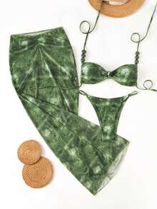 Bonvoyette Bộ 3 món bikini họa tiết ngẫu nhiên màu cà phê, kiểu dáng bất đối xứng, đính ngọc trai, thích hợp cho kỳ nghỉ xuân hè. Áo bikini quây, quần bikini và váy xếp ly phía trước, gợi cảm, thích hợp mặc hàng ngày, đi nghỉ mát, du lịch biển hoặc tắm nắng. - màu xanh lá - Xem 5