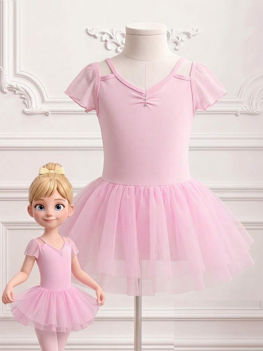 SHEIN Vestido de tutú de ballet profesional para niña, diseño de manga corta rosa dulce con corte en el hombro, tela de malla suave multicapa y elástica, estilo adorable de hada, perfecto para clases de ballet y recitales, ligero y amigable con la piel
