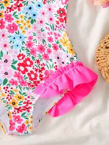 SHEIN Girls Toddler One-Piece Swimsuit With Bow And Pink Floral Print, Perfect For Summer Beach Party, Also Suitable As Mother-Daughter Or Sister Matching Outfit, Ideal For Family Vacation And Travel, Suitable For Summer Holiday Young Girl - Pink - View 4