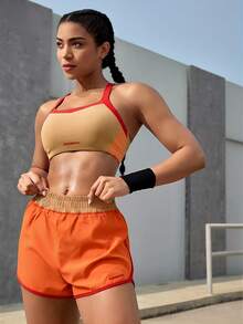 Powerista Conjunto deportivo de top corto y shorts de color contrastante para mujer - Amarillo - Ver 8