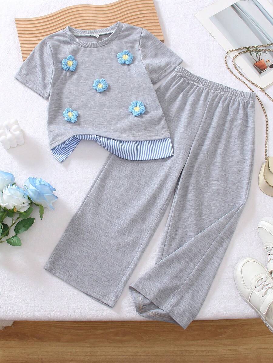 Souflis Souflis 2pcs Young Girl Korean Style Loose Fit Apricot Floral Embroidered T-Shirt Set,Summer Short Sleeve Striped Hem Tee & Wide Leg Pants,Back-To-School - Light Grey - View 1