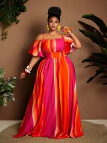 SHEIN CURVE+ Plus Size Sexy Off-Shoulder Cinched Waist Dress, Flattering Fit, Suitable For Halloween, Spring/Summer - Hot Pink - View 3