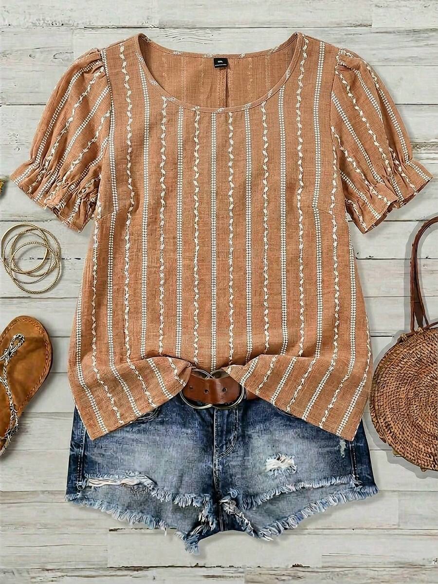 SHEIN VCAY Mother's Day Vacation Style Plus Size Embroidery & Retro Print Round Neck Casual Versatile Short Sleeve Blouse, Summer, Summer Top - Multicolor - View 1