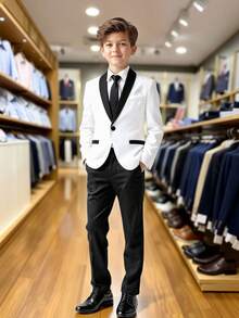 2pcs Boys Gentleman Suit Set White Lapel Slim Fit Blazer Black Pants Elegant Formal Autumn Modest Traditional Wedding Tuxedo For Birthday Performance - Black and White - View 1
