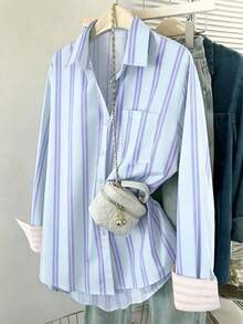 INAWLY 女士条纹单排扣休闲百搭日常长袖衬衫 - 藍色 - 查看 2