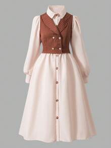 SHEIN Teen Girls Vintage Elegant Striped Double-Breasted Vest And Solid Collar Long Sleeve Shirt Dress 2 Pieces Set Autumn Fall - Apricot - View 7