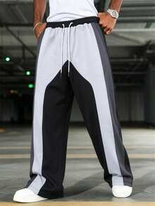 Manfinity Roughcore Pantaloni de trening casual pentru bărbați, cu talie cu șnur, blocuri de culoare, stil casual, de zi cu zi - Alb-negru - Vizualizare 4