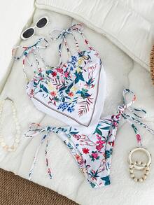 Bonvoyette Đồ bơi thời trang mới nhất dành cho nữ, bộ đồ hai mảnh gồm áo croptop hai dây thắt nơ in hoa phong cách đồng quê, thích hợp cho kỳ nghỉ hè. - Nhiều màu - Xem 5