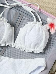 Swim Mod Conjunto de bikini de 2 piezas de tela especial blanca con triángulo halter, sexy y elegante para vacaciones, traje de baño para playa/piscina/fiesta - Blanco - Ver 5