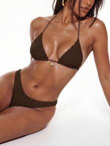 SHEIN Swim Women's Solid Color Simple Daily Brown Bikini Top For Summer Beach - Coffee Brown - View 5