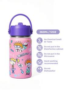 Nick 90s | SHEIN Cốc giữ nhiệt 360 ml họa tiết hoạt hình, có ống hút và nắp chống tràn, thích hợp cho du lịch, tham quan và đi học. - Hồng - Xem 5