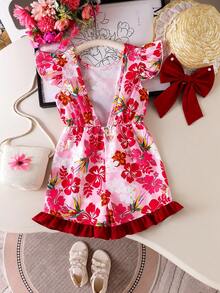 Filles (Petit) Combinaison courte à imprimé floral tout-sur-tout avec garniture en dentelle, vêtements pour enfants élégants et confortables, combinaison sans manches à la mode pour l'été - Multicolore - Voir 6