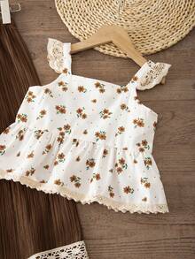 SHEIN Genkimix Kids Young Girl Floral Print Ruffle T-Shirt And Wide Leg Pants Casual 2-Piece Set - Brown - View 5