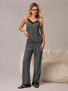 SHEIN Women's Lace Patchwork Camisole Top And Pants Casual Loungewear Set - Dark Grey - View 7