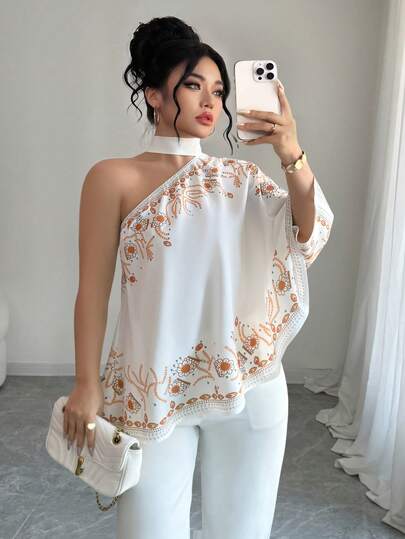 Elenzga 大码女式不对称系带印花衬衫，春夏款