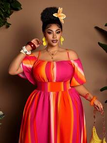 SHEIN CURVE+ Plus Size Sexy Off-Shoulder Cinched Waist Dress, Flattering Fit, Suitable For Halloween, Spring/Summer - Hot Pink - View 4