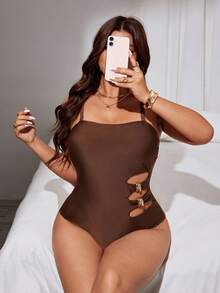 Swim Lushoire 2026 New Plus Size Women's Coffee Strapless Hollow-Out One-Piece Swimsuit, Elegant Ladies Beach Swimwear, Summer Holiday Outfit, Classy Beachwear - Coffee Brown - View 6
