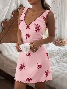 CottageSlumber Women's Floral Print V-Neck Ruffle Trim Bow Decor Nightgown - Multicolor - View 4