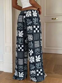 Aloruh Women's Floral Print Drawstring Waist Casual Pants, Suitable For Vacation - Black and White - View 2