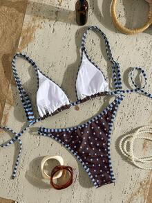 SHEIN Swim Mod 2026春夏时尚性感显瘦波点条纹比基尼泳衣，正面饰有吊坠，时尚沙滩两件式泳装 - 彩色 - 查看 2