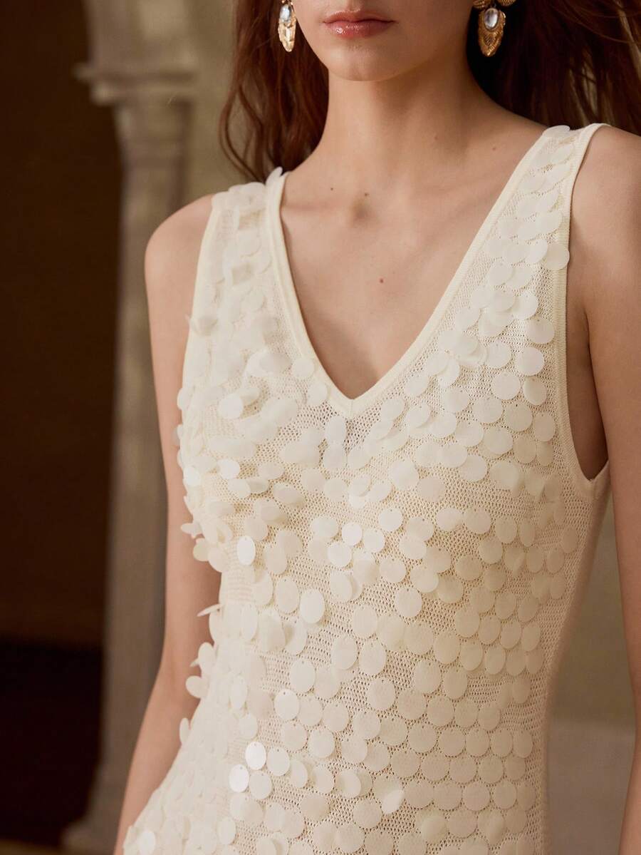 MOTF PREMIUM EMBELLISHED SEQUIN HIGH-END LUXURY ELEGANT WAIST SWEATER DRESS - Apricot - View 2