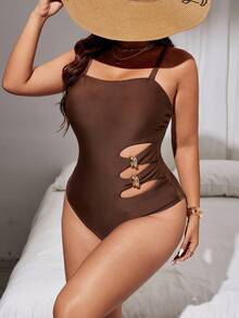 Swim Lushoire 2026 New Plus Size Women's Coffee Strapless Hollow-Out One-Piece Swimsuit, Elegant Ladies Beach Swimwear, Summer Holiday Outfit, Classy Beachwear - Coffee Brown - View 4