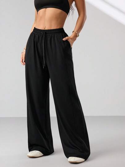 Dewbera Women's Casual Comfortable Versatile Black Pants With Drawstring Waist And Side Pockets