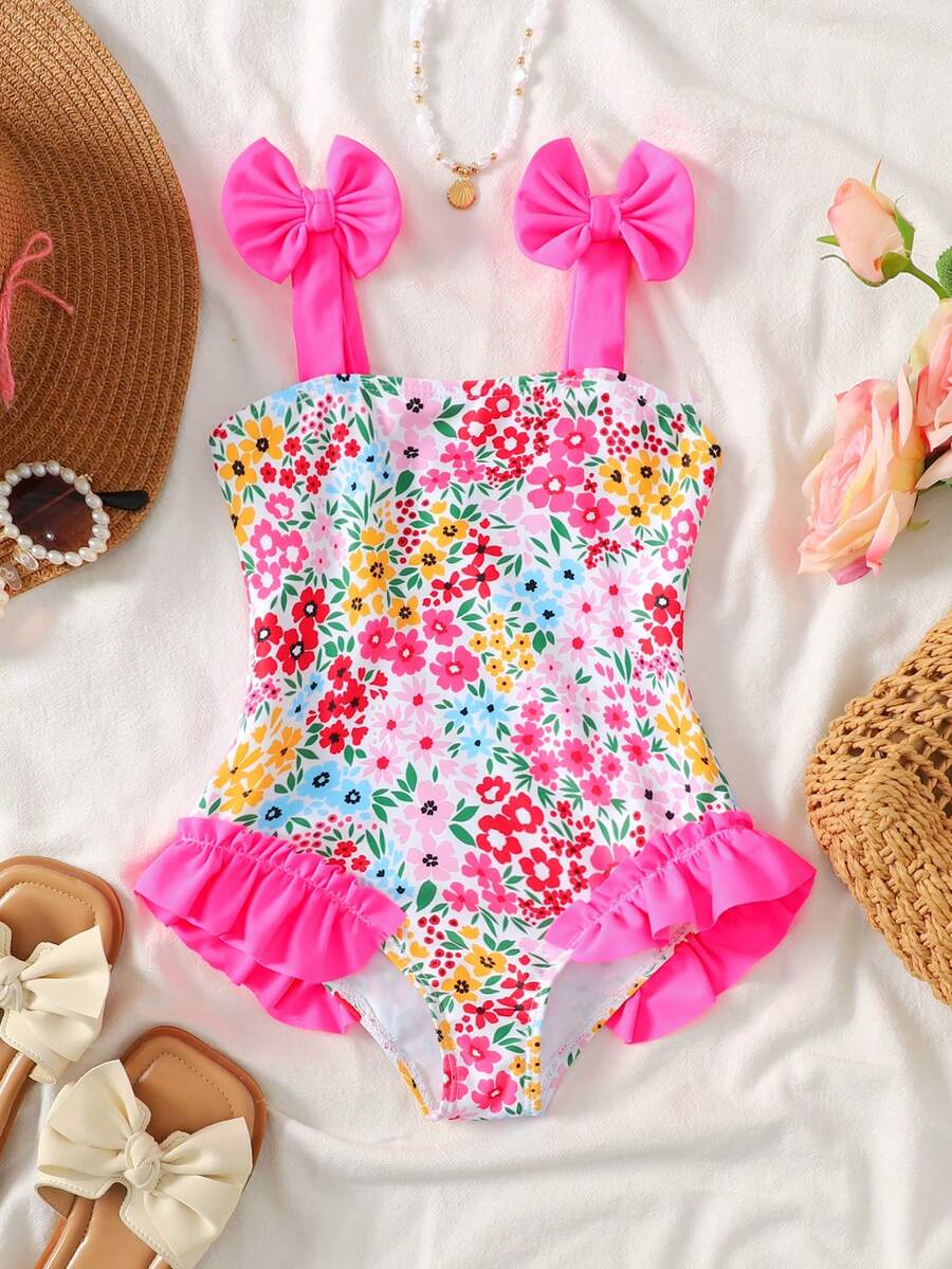 SHEIN Girls Toddler One-Piece Swimsuit With Bow And Pink Floral Print, Perfect For Summer Beach Party, Also Suitable As Mother-Daughter Or Sister Matching Outfit, Ideal For Family Vacation And Travel, Suitable For Summer Holiday Young Girl - Pink - View 1