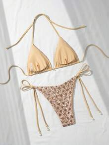 Costavie 女款兩件式亮片三角比基尼，珍珠裝飾掛脖式側綁比基尼褲，粉色，夏季，70年代復古，度假，派對，假期泳裝 - 彩色 - 查看 2