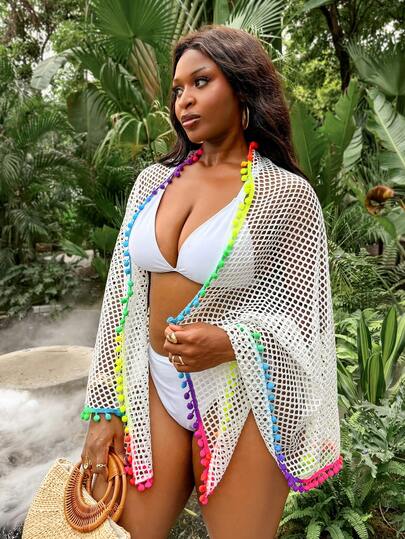 Slaydiva 大码夏季网眼彩虹边比基尼罩衫沙滩度假装
