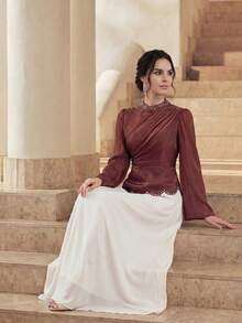 Anewsta Women's Solid Color Mandarin Collar Asymmetrical Rhinestone Embellished Flared Soft Elegant Dress - Burgundy - View 5
