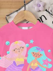 2件套少女度假风可爱美人鱼海星印花短袖T恤和短裤套装，适合度假和户外活动，夏季 - 彩色 - 查看 5
