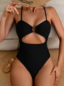Swim Basics 畅销性感露背连体泳衣，黑色夏季海滩度假泳装，适合海边、夏季海滩派对的修身连体泳衣 - 黑色 - 查看 5