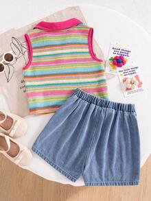 SHEIN Elladie kids 两件套女童夏季套装，新款针织纹理面料无袖Polo衫，饰有樱桃爱心图案，搭配荷叶边下摆和樱桃刺绣牛仔短裙，简约时尚休闲套装 - 彩色 - 查看 2