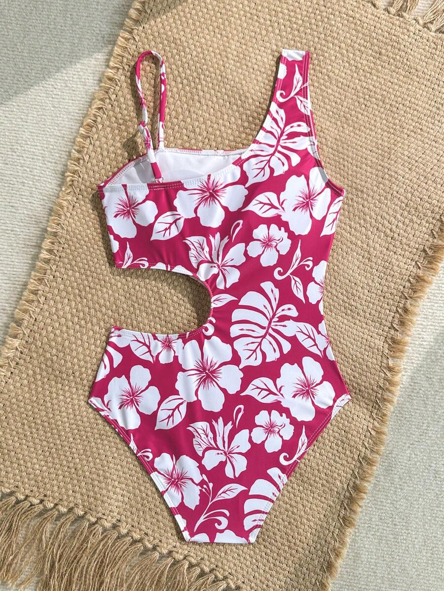 Tween Girls Fuchsia Floral Print Hollow One-Piece Swimsuit, Beach Vacation - Hot Pink - View 1