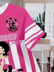 Betty Boop x SHEIN 女士圆领休闲卡通字母印花短袖T恤，日常百搭 - 白色 - 查看 3