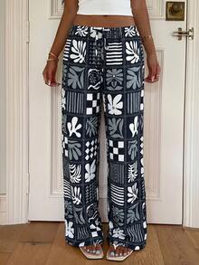 Aloruh Women's Floral Print Drawstring Waist Casual Pants, Suitable For Vacation - Black and White - View 8