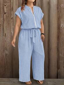EMERY ROSE Large-Sized Woven Striped Vacation Casual Women's Jumpsuit - Blue - View 3