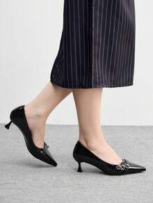 CUCCOO BIZCHIC 女鞋 女士尖头小猫跟鞋，黑色多条纹交叉低鞋面，日常通勤百搭工作休闲一脚蹬女式高跟鞋 - 黑色 - 查看 7