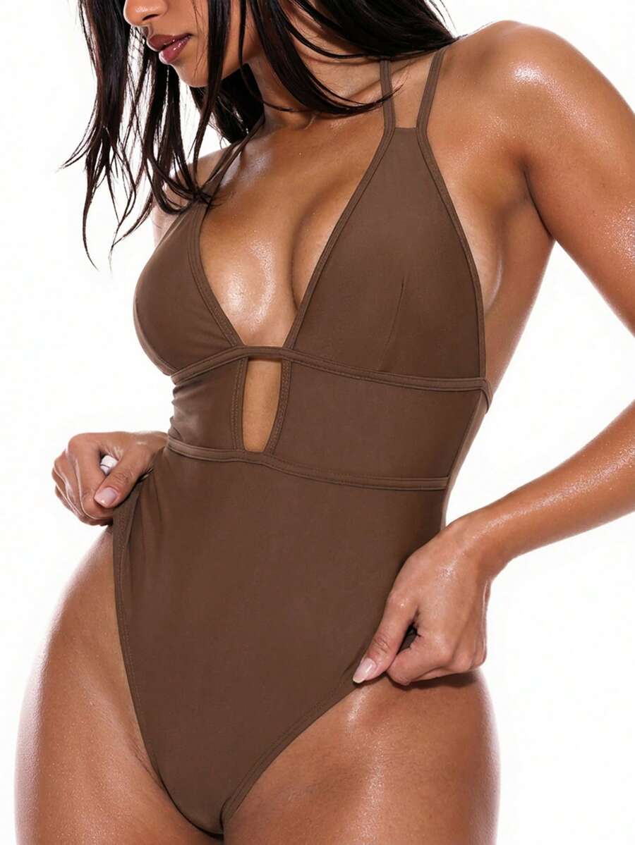 Swim Basics 1 件女式性感修身腰部合身连体泳衣，度假休闲 - 咖啡棕 - 查看 1