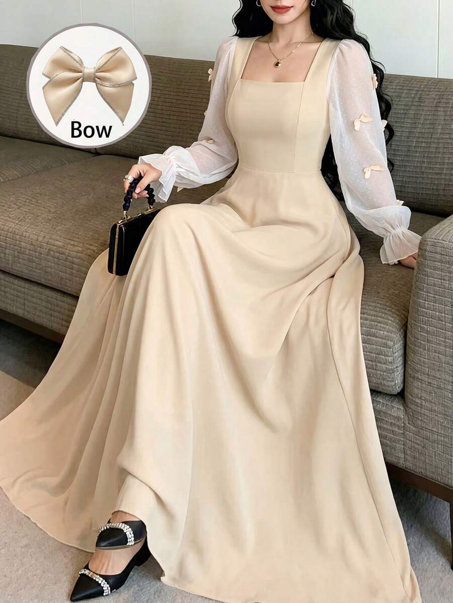 Modelyn 方领撞色荷叶袖长款连衣裙 - 杏色 - 查看 1