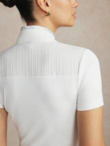 Activina Women's Stand Collar Studded Decor Casual Daily Riding Shirt Short Sleeve Top Crystal Design White Elegant Summer - White - View 4